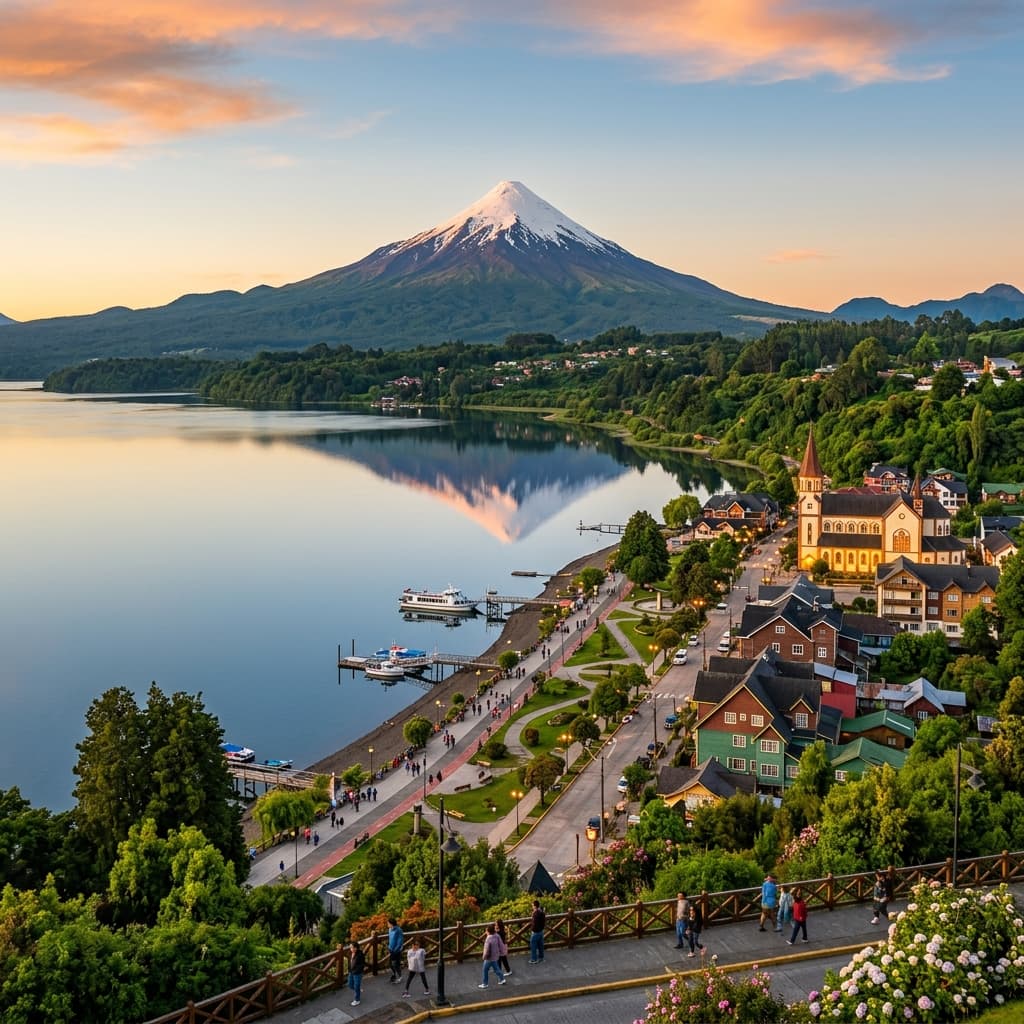Puerto Varas con el volcán Osorno reflejado en el lago Llanquihue al atardecer